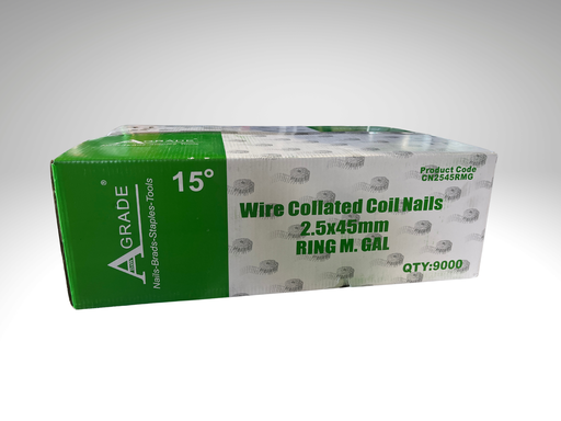 [CN2545RHDGBOX] 2.5mm x 45mm Hot Dip Galvanised Ring Shank Flat Head 15 Degree Wire Collated Coil Nails: Box of 9,000